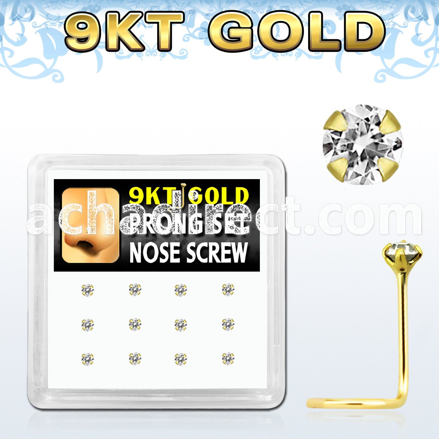 d9gsc19 9kt gold nose screw w 2mm prong set round clear cz stone