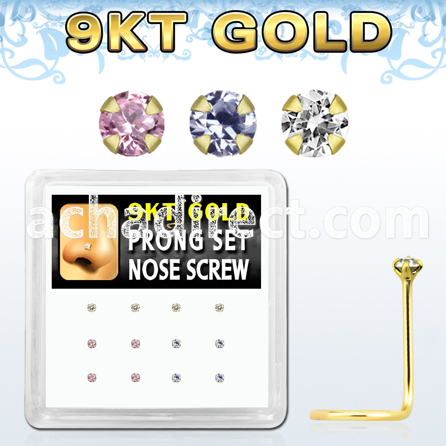 d9gsc2 9kt gold nose screw w 1.5mm prong round mixed cz stone