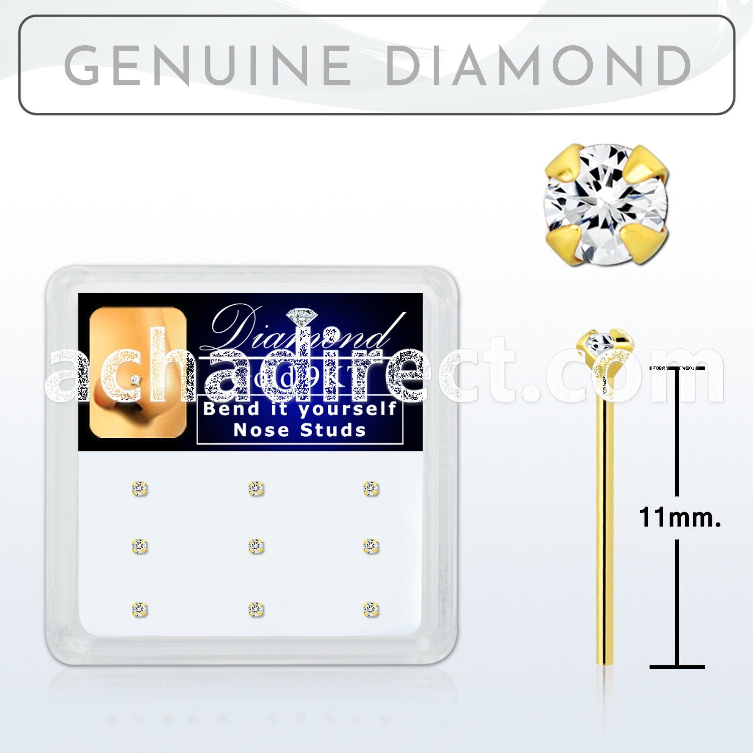d9gys15 box w 9kt gold bend it nose stud w genuine diamond