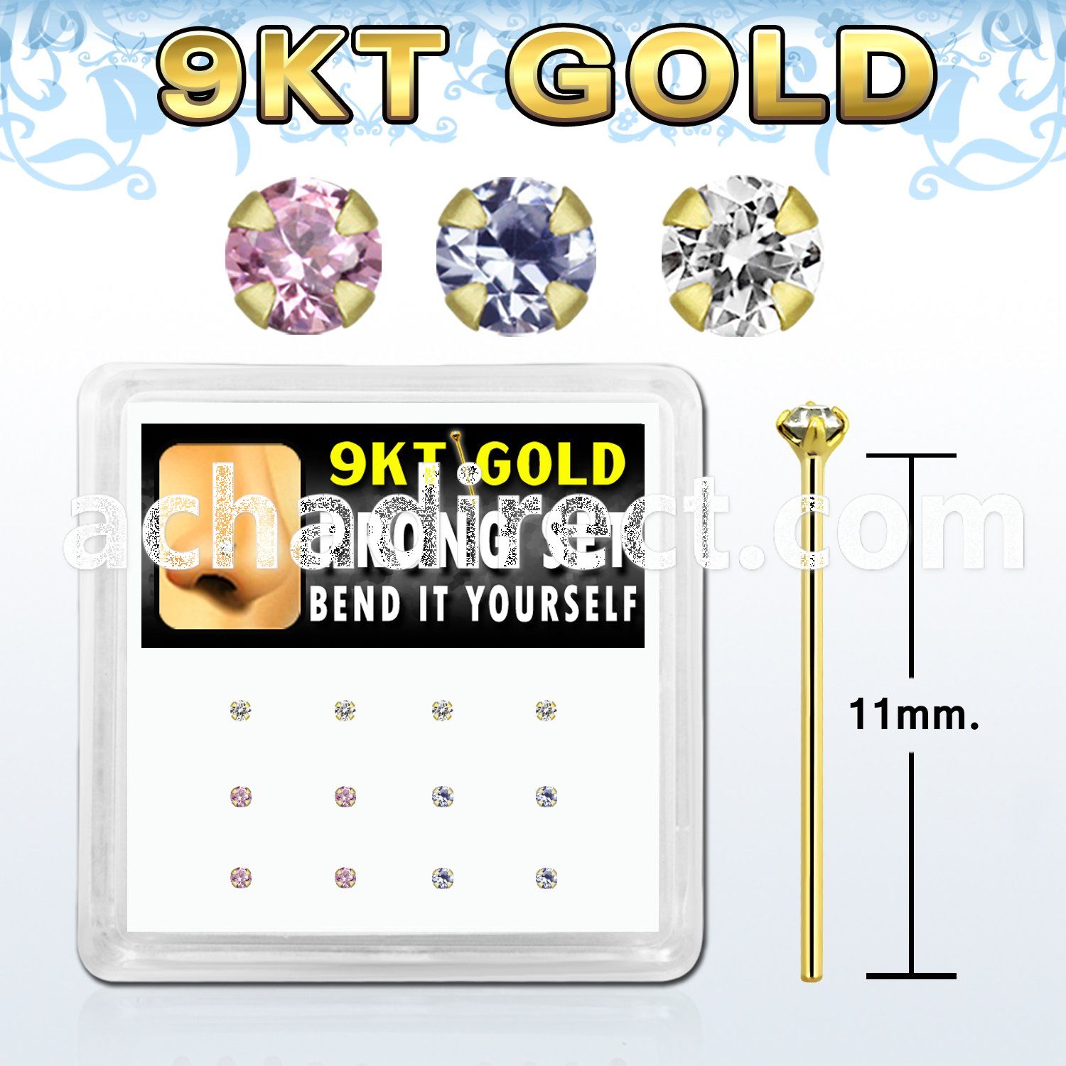 d9gys2 9kt gold bend it nose stud w 1.5mm round mixed cz