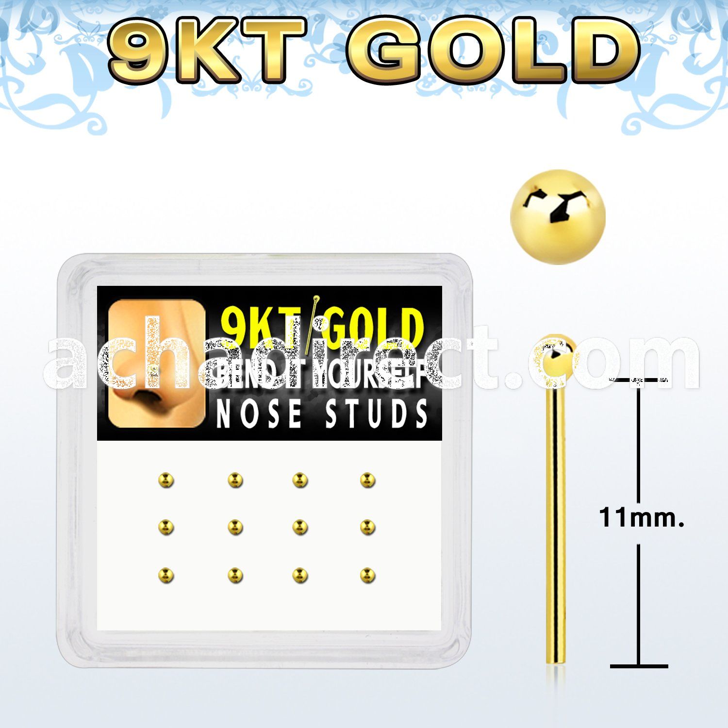 d9gys5 9kt gold bend it nose stud with 1.5mm ball shaped top
