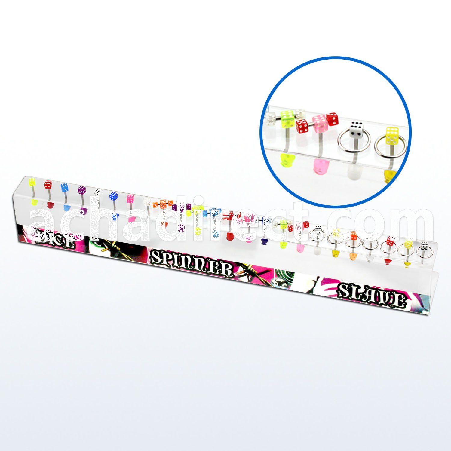 dabbdi 316l tongue barbell w acrylic dices slave spinner top