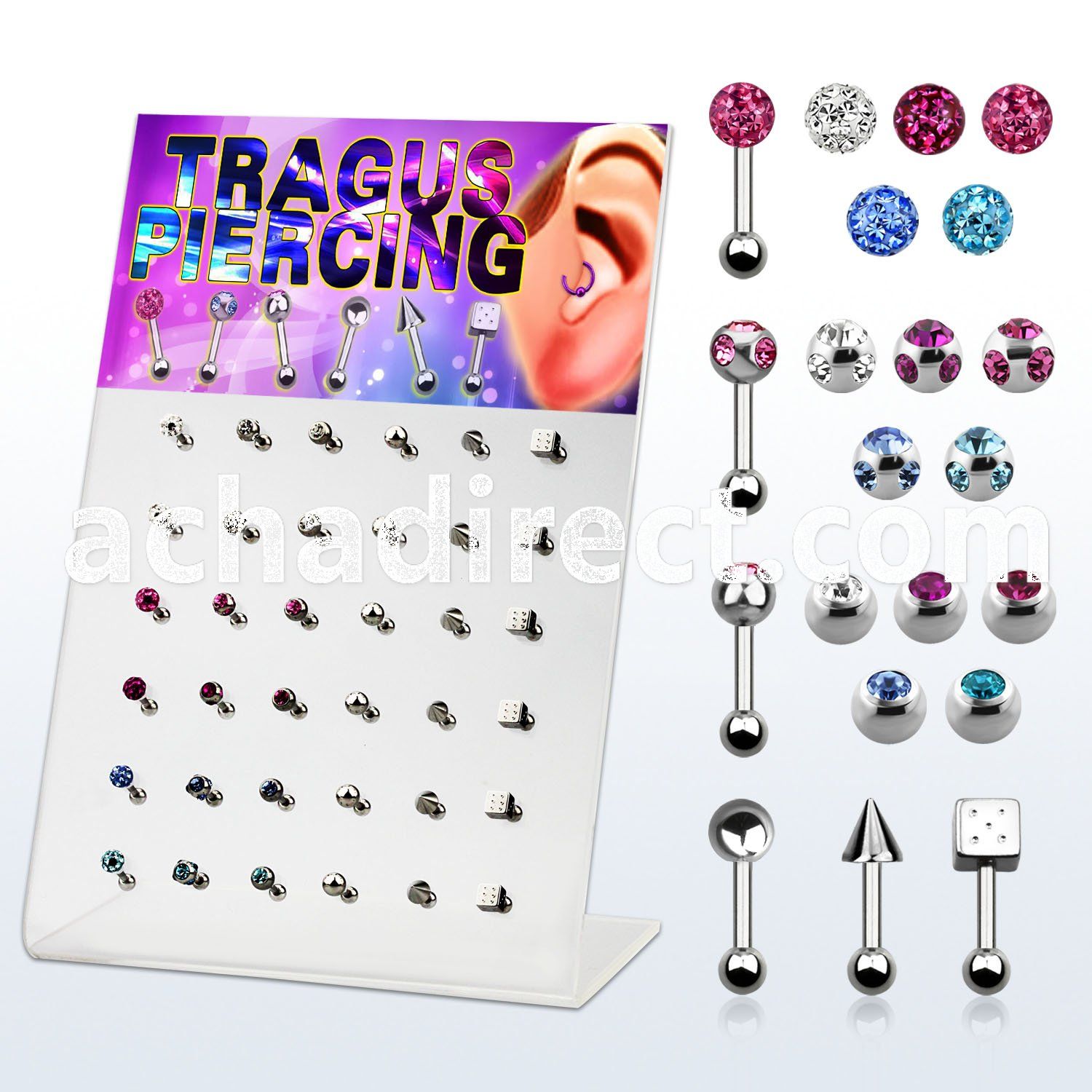 dacb100 board of 316l tragus piercing w top part closure ball