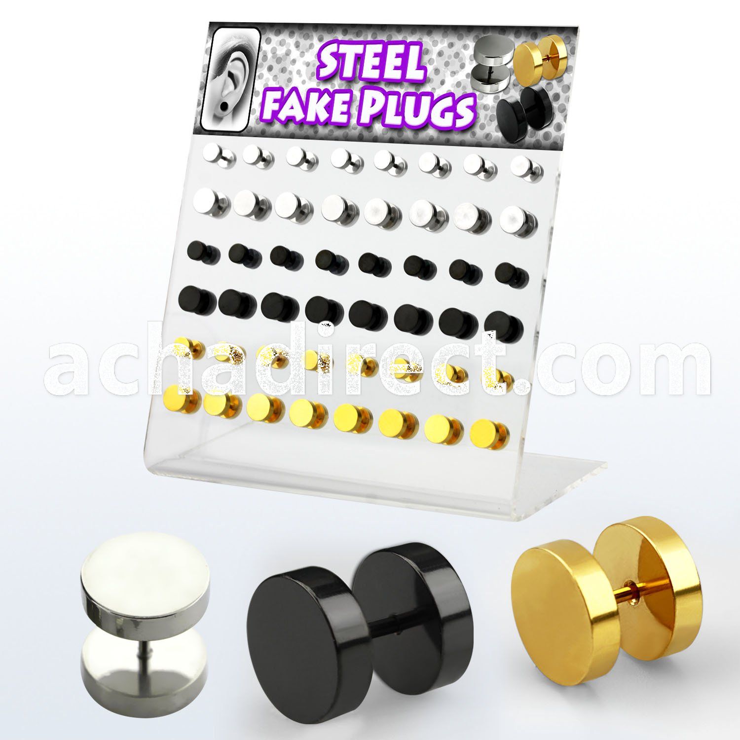 dacb105 polished and black gold anodized 316l steel fake plugs