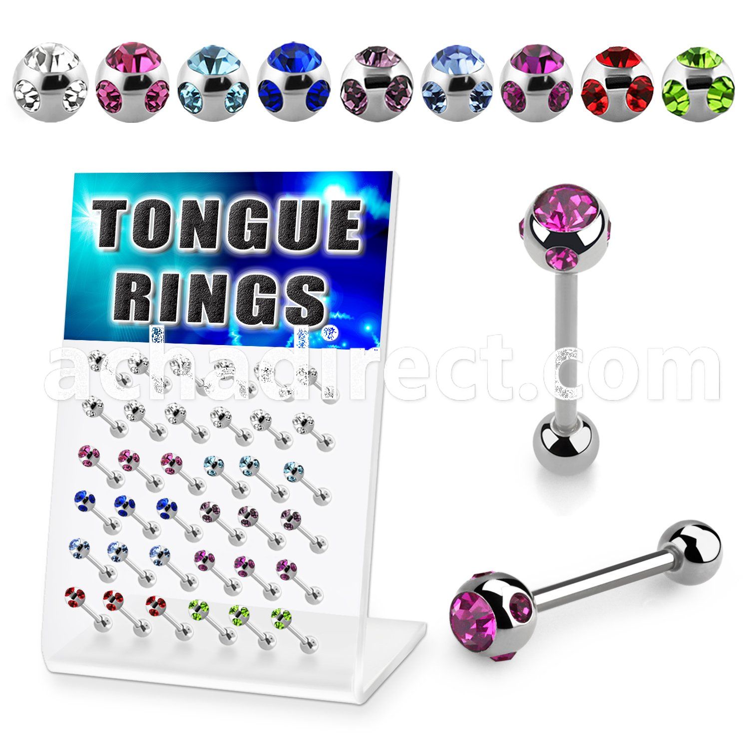 dacb10 board of 316l tongue barbell w jewel steel ball