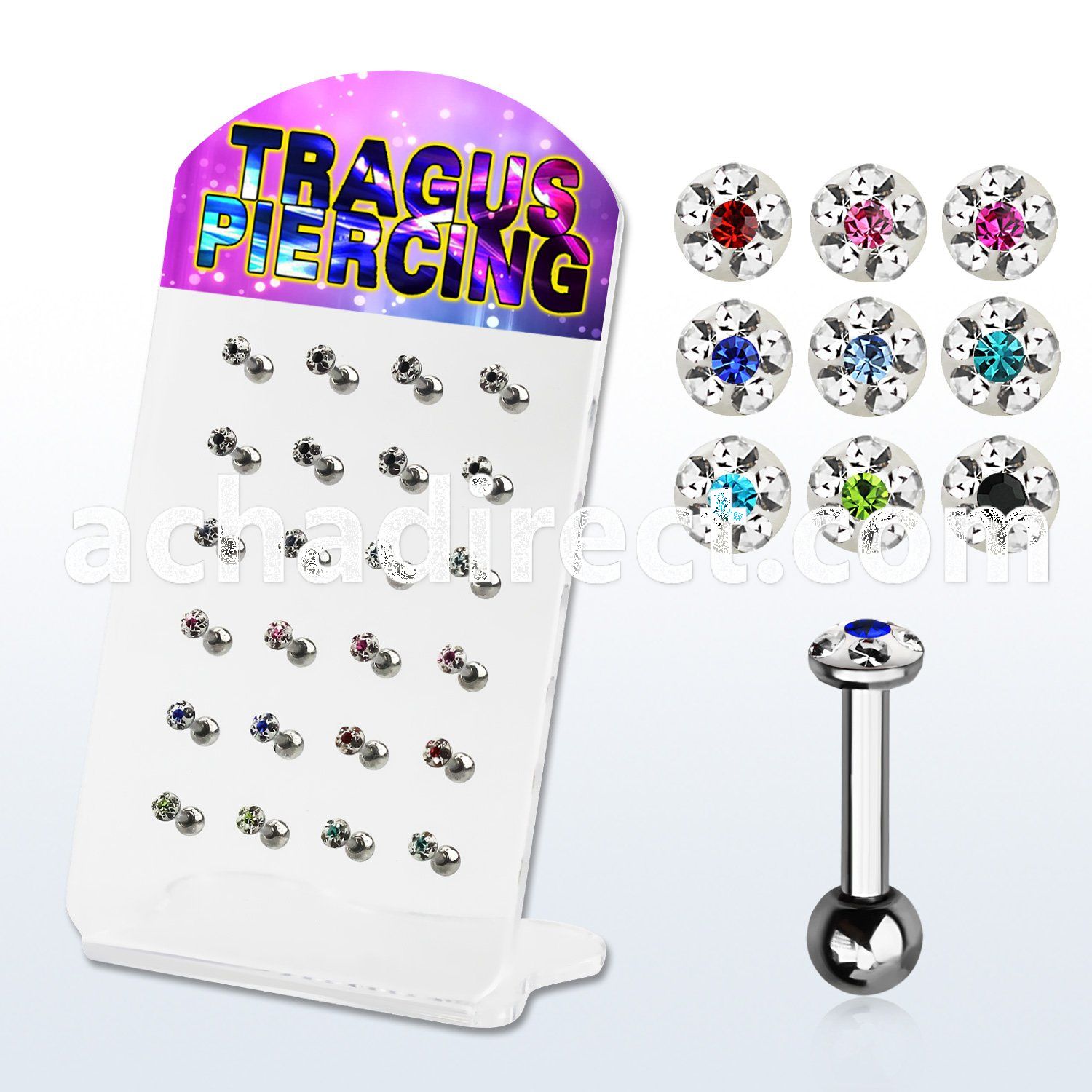 dacb118 board of 316l tragus barbell clear ferido crystal top