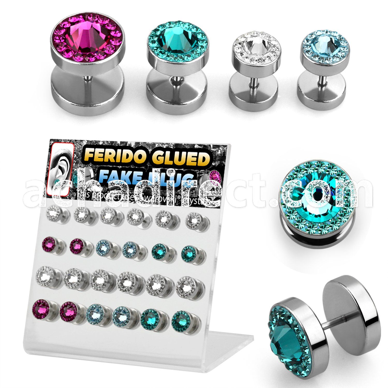 dacb122 board of 24 steel fake plug w ferido swarovski crystal