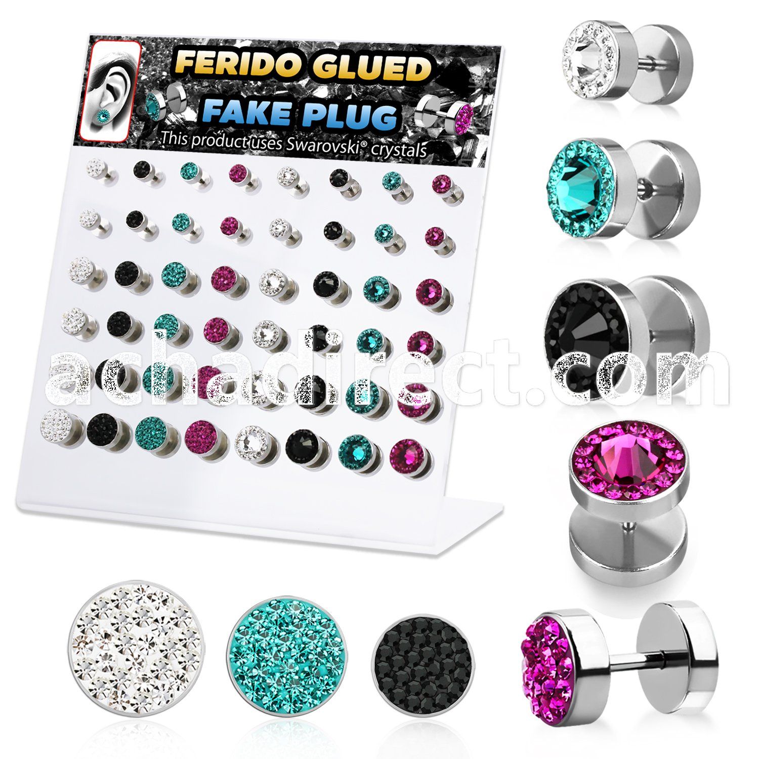 dacb134 board of 48 steel fake plugs w ferido swarovski crystals