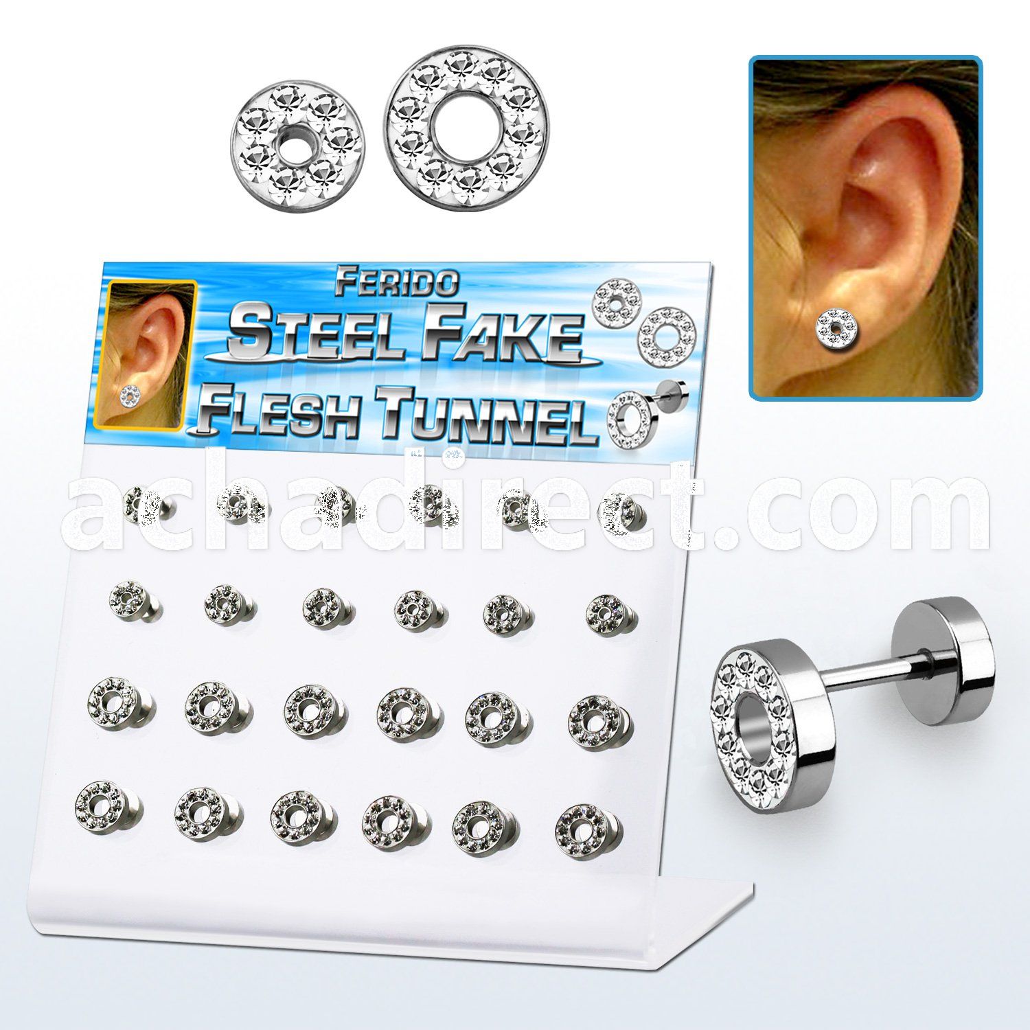 dacb144 display w steel fake flesh tunnel with multi crystal rim