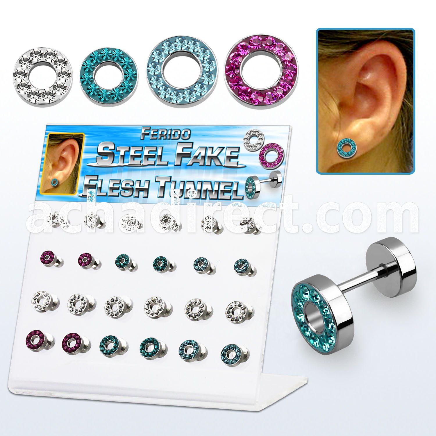 dacb145 high polished 316l steel fake tunnels w ferido crystal