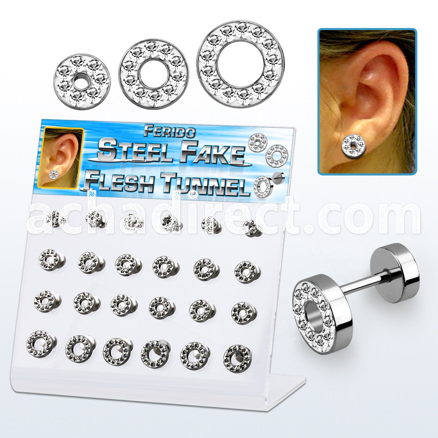 dacb146 polished 316l steel fake tunnels w clear ferido crystal