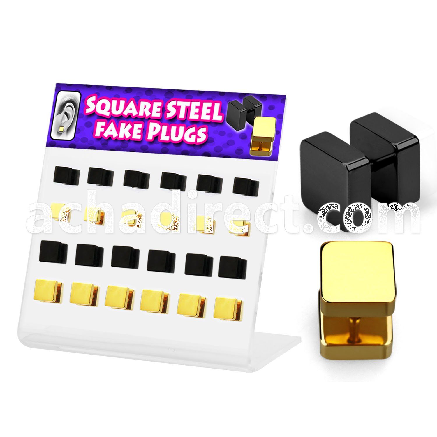 dacb148 black gold anodized 316l steel fake plug w squares