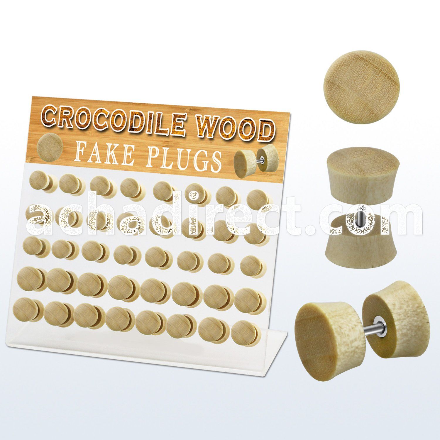 dacb176 display w 40 pcs. of crocodile wood fake plugs