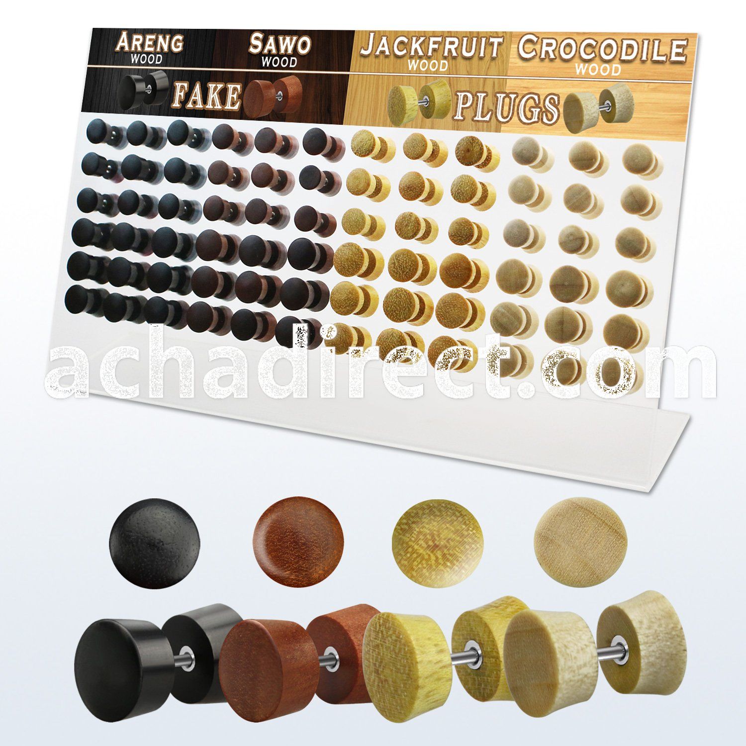 dacb183 display w 72 pcs. of assorted wood fake plugs