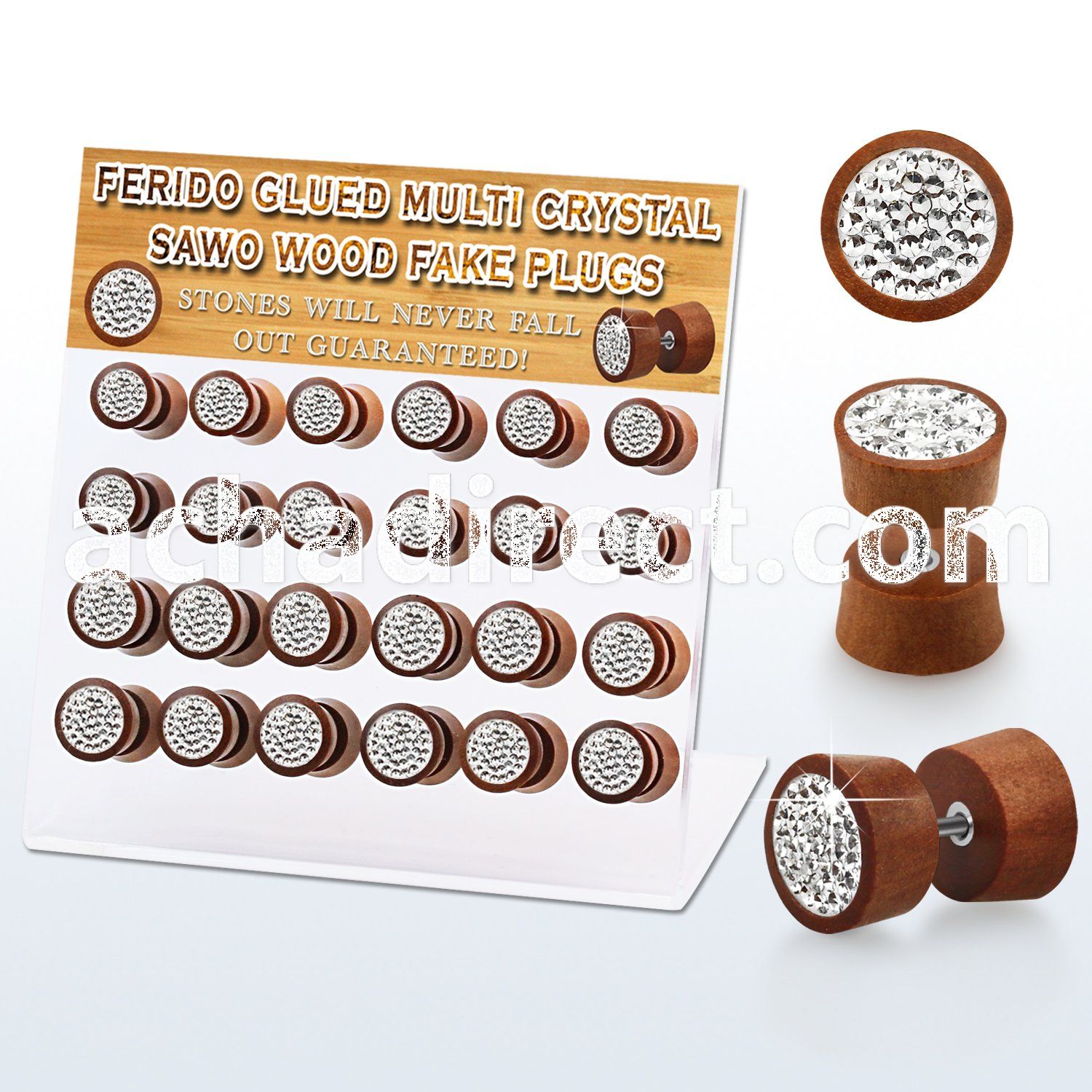 dacb184 display w 24 pc of sawo wood fake plugs w multi crystals