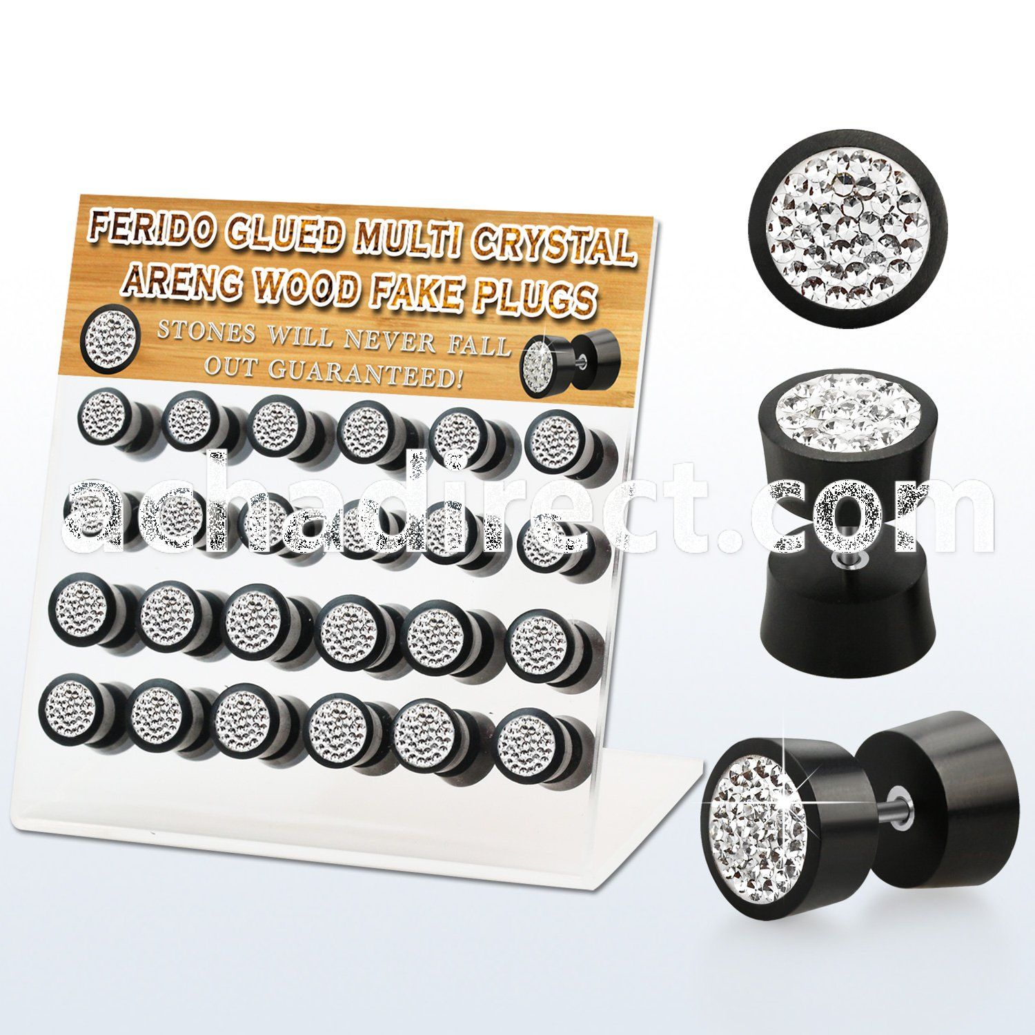 dacb185 display w 24 pc of areng wood fake plugs w multi crystal