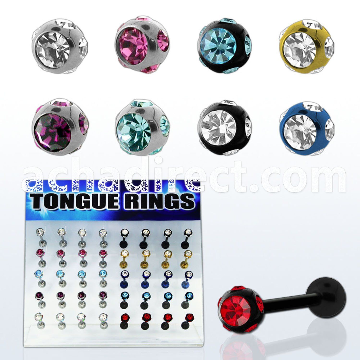 dacb18 board of 316l tongue barbell w multi jewel steel ball