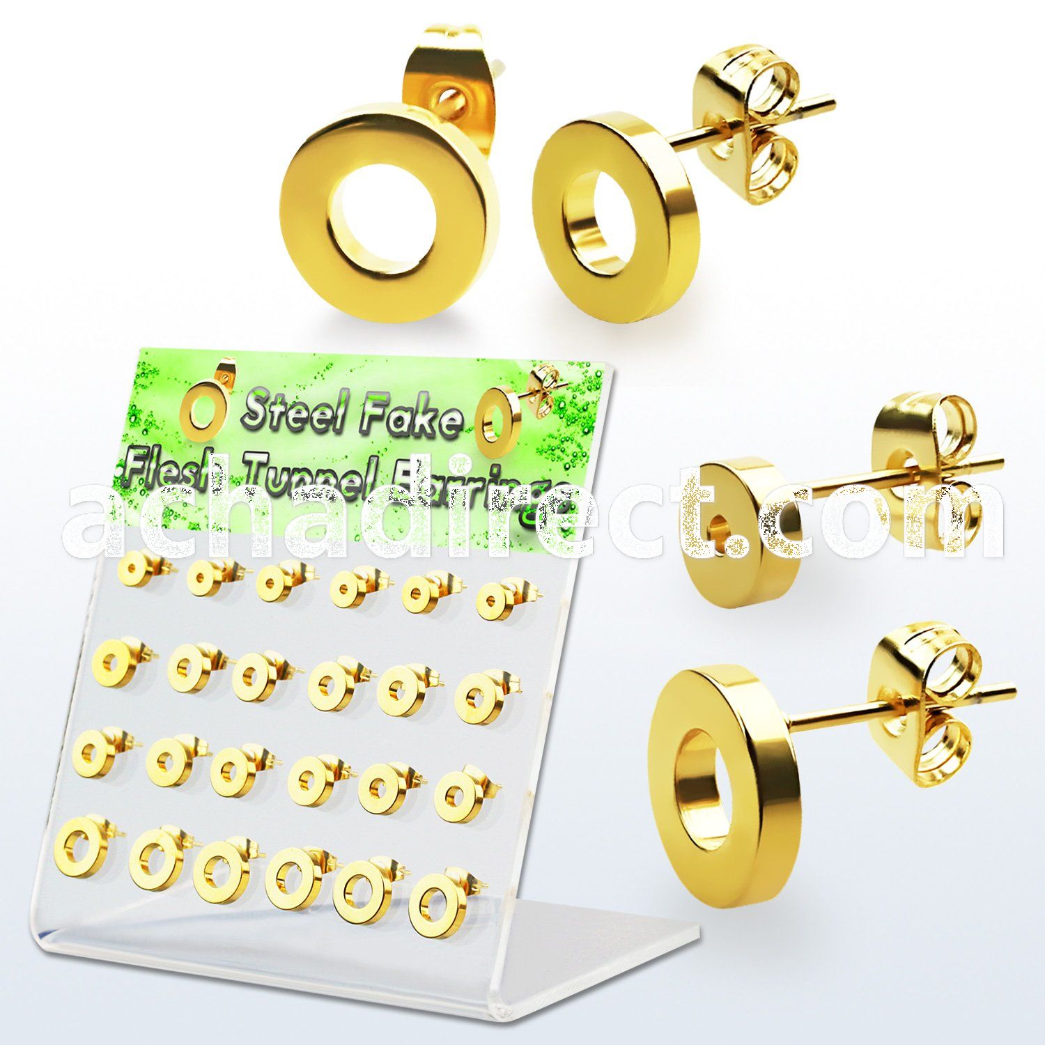 dacb194 display w gold plated steel fake flesh tunnel ear stud