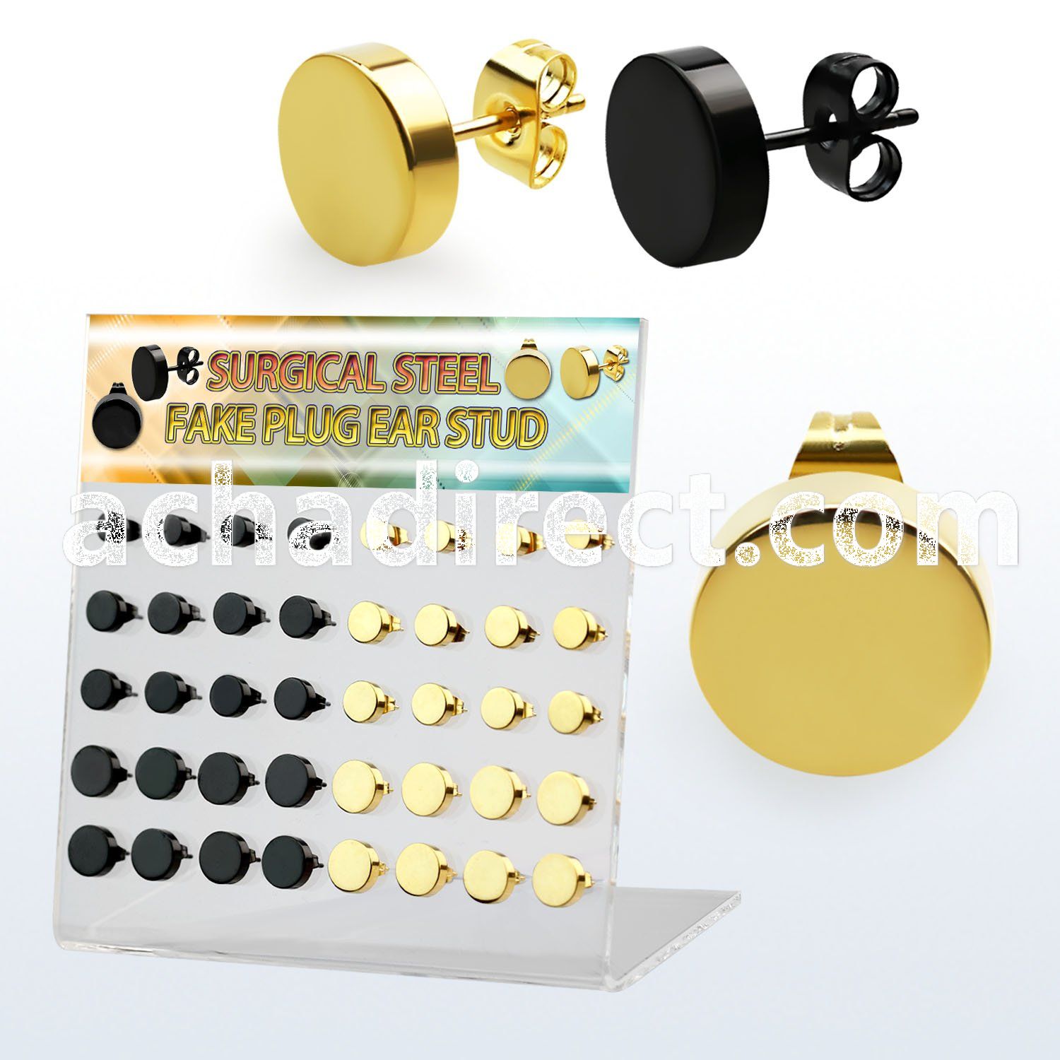 dacb197 display w 20 prs black gold steel fake plug ear studs