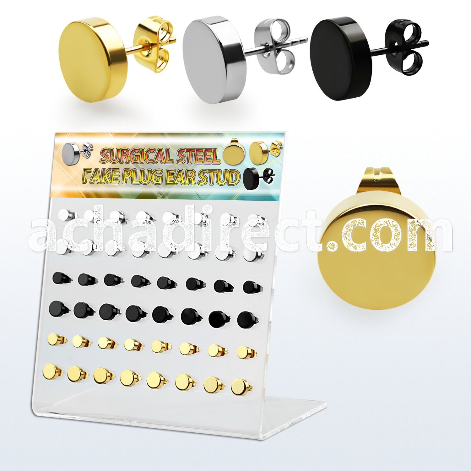 dacb200 display w 24 prs black 316l steel fake plug ear studs
