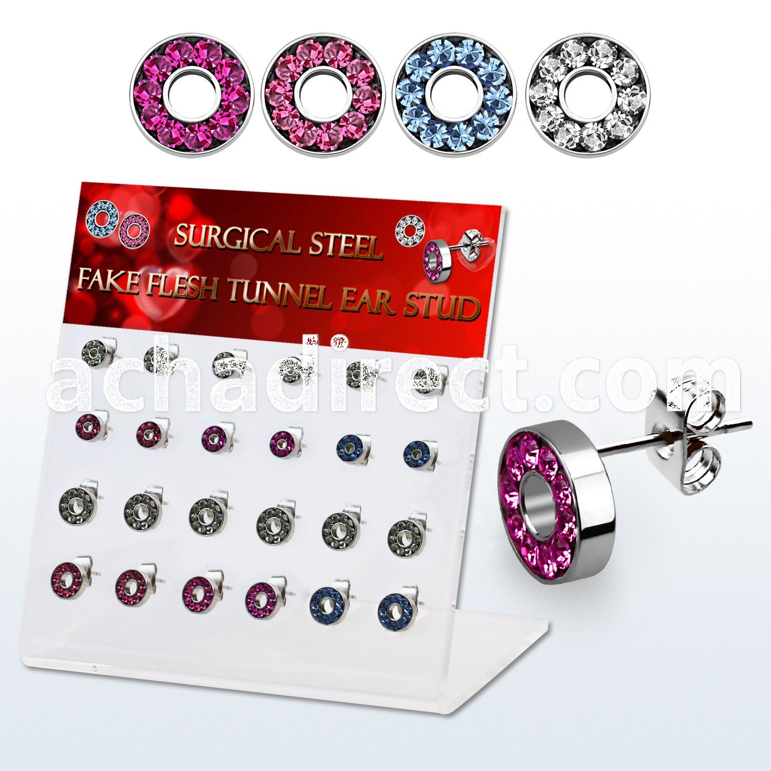 dacb203 display w steel fake flesh tunnel ear stud w crystals