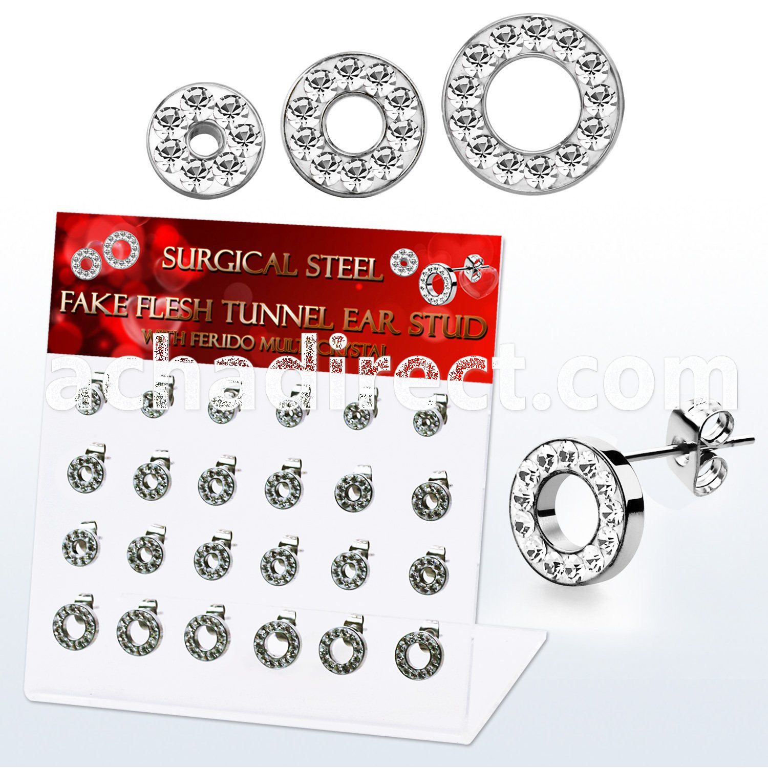 dacb208 display w steel fake flesh tunnel ear stud w crystal rim