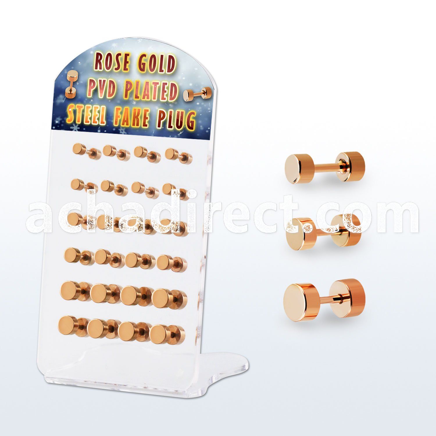dacb210 display w 24 pcs of rose gold steel fake plug no o ring