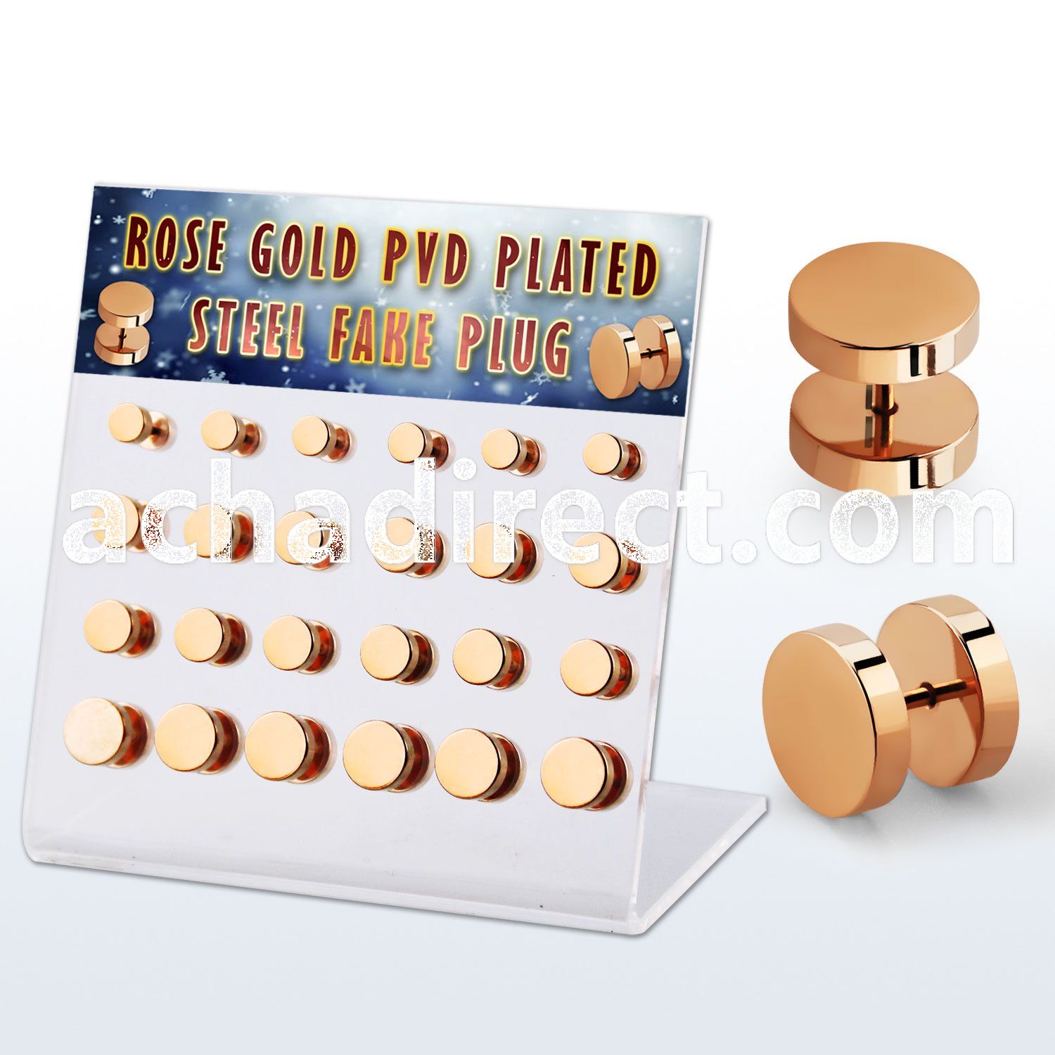 dacb211 display w 24 pcs of rose gold steel fake plug no o ring