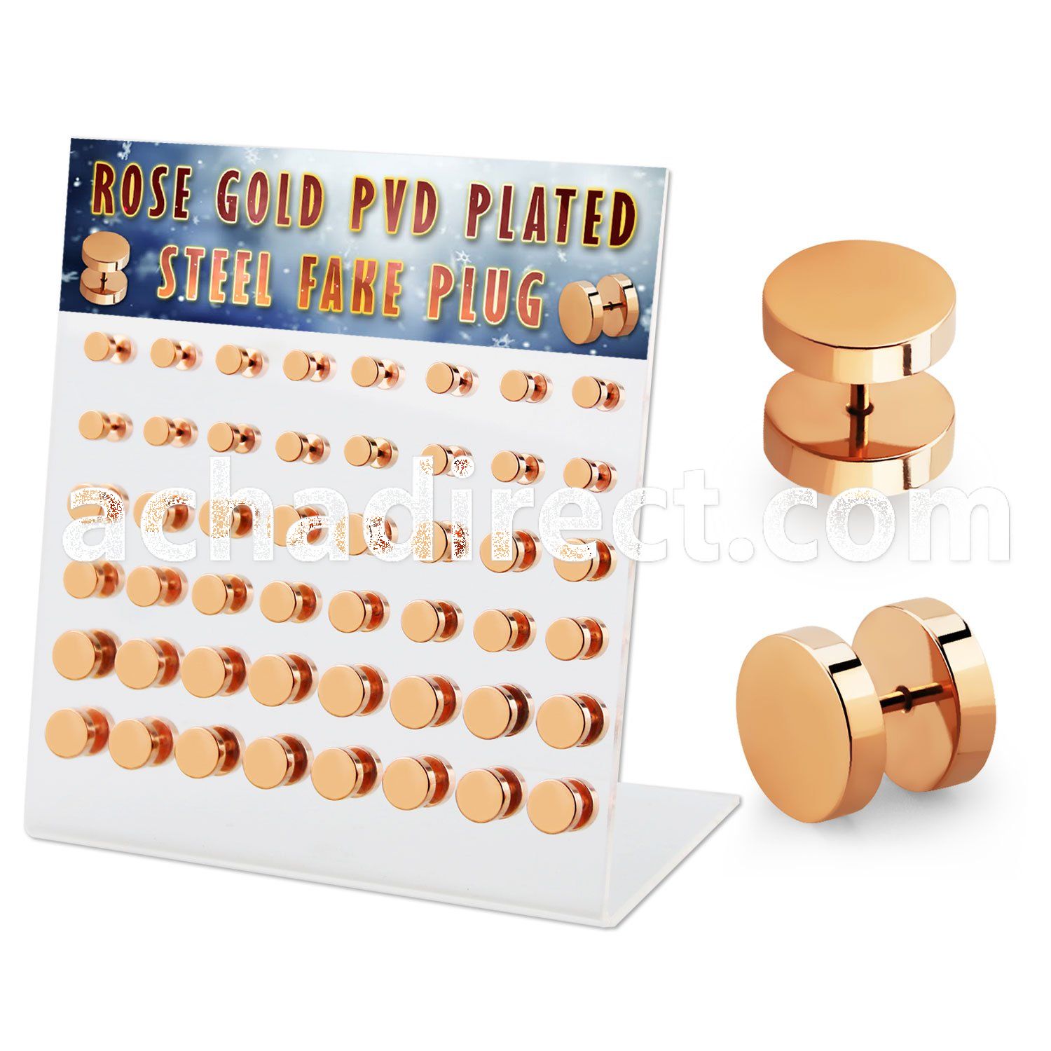 dacb213 display w 48 pcs of rose gold steel fake plug no o ring
