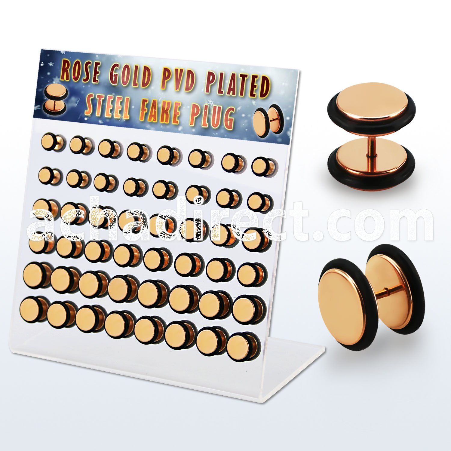 dacb216 display w 48 pcs of rose gold steel fake plug w o ring