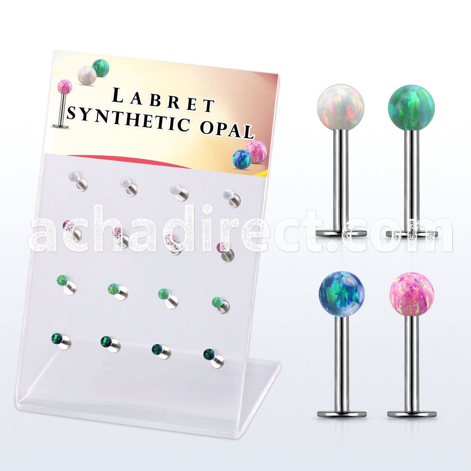 dacb224 display w 316l steel labrets w 3mm synthetic opal ball