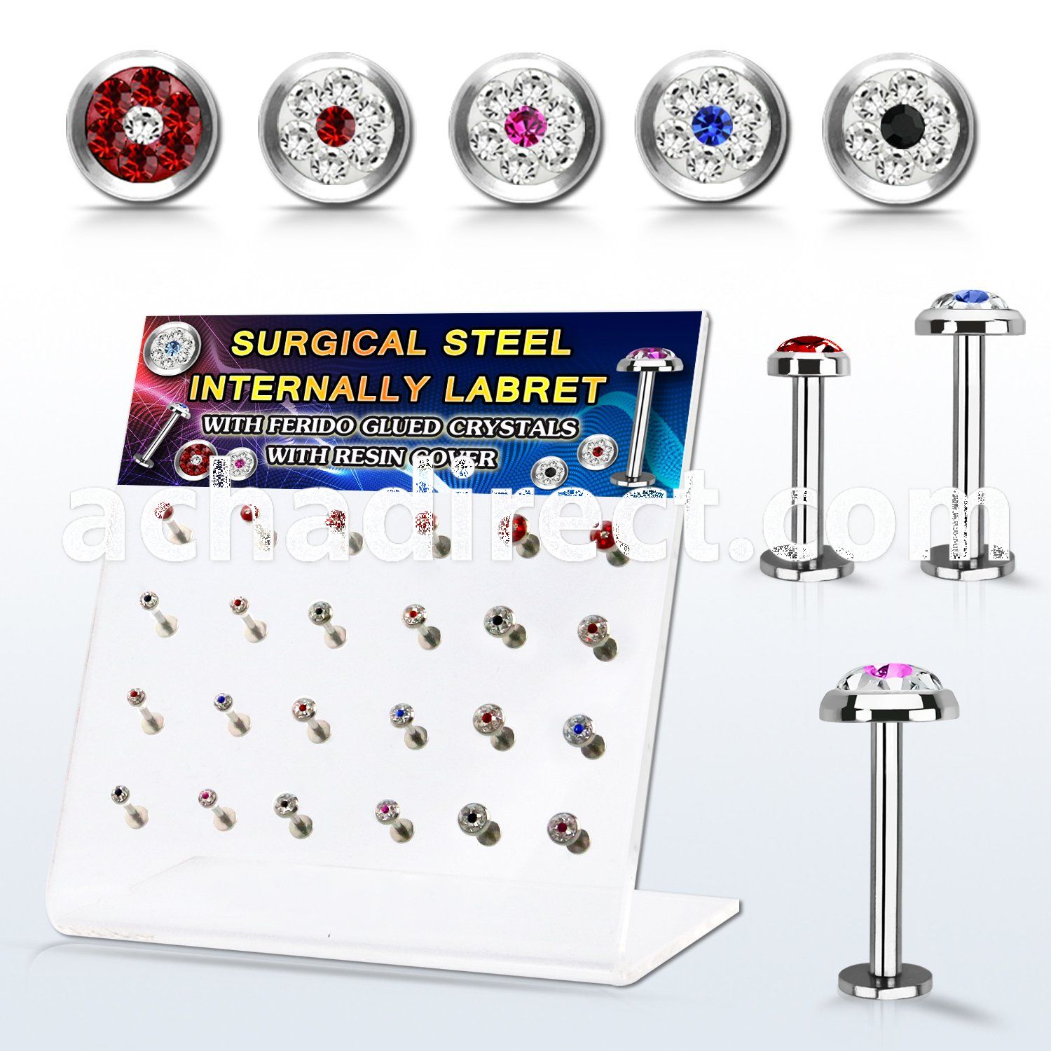 dacb226 steel internall labret w multi crystals dot flat top