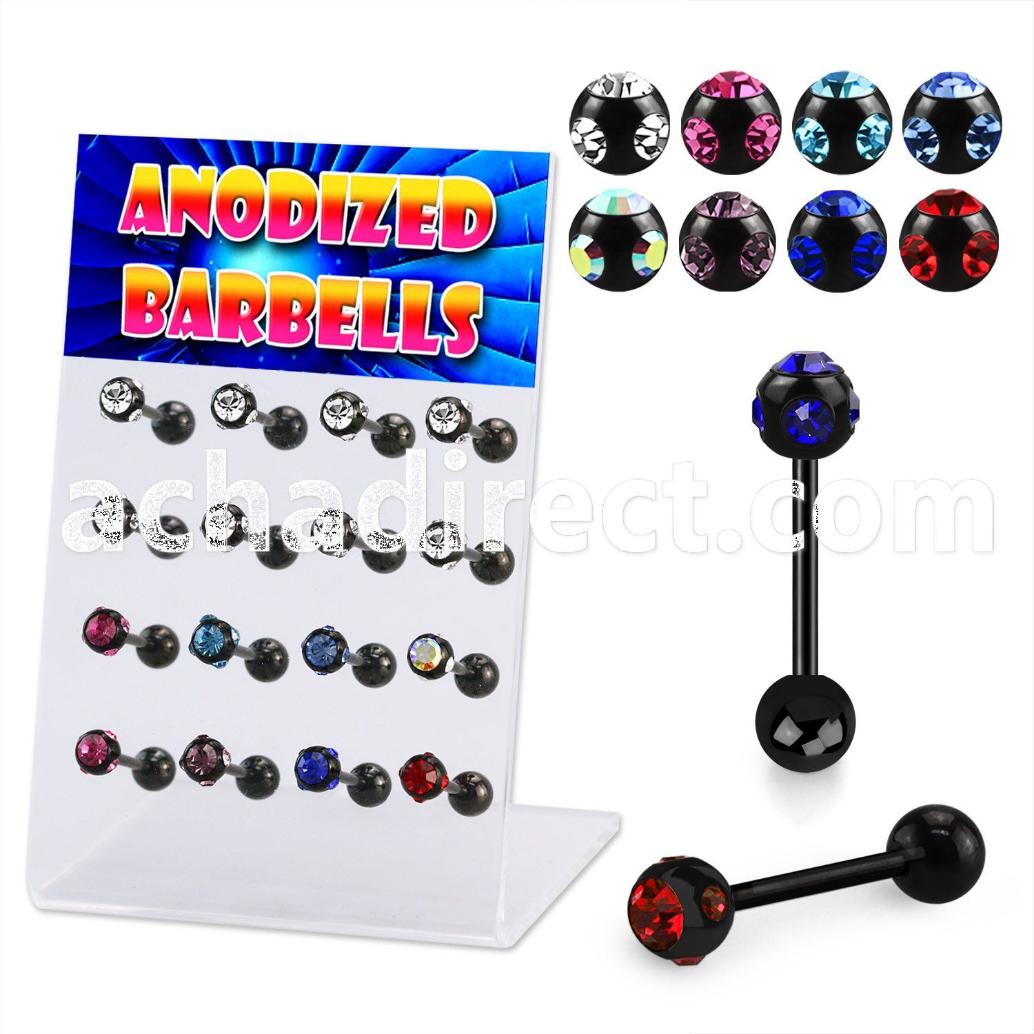 dacb2 board of anodized 316l barbell w multi jewel steel ball