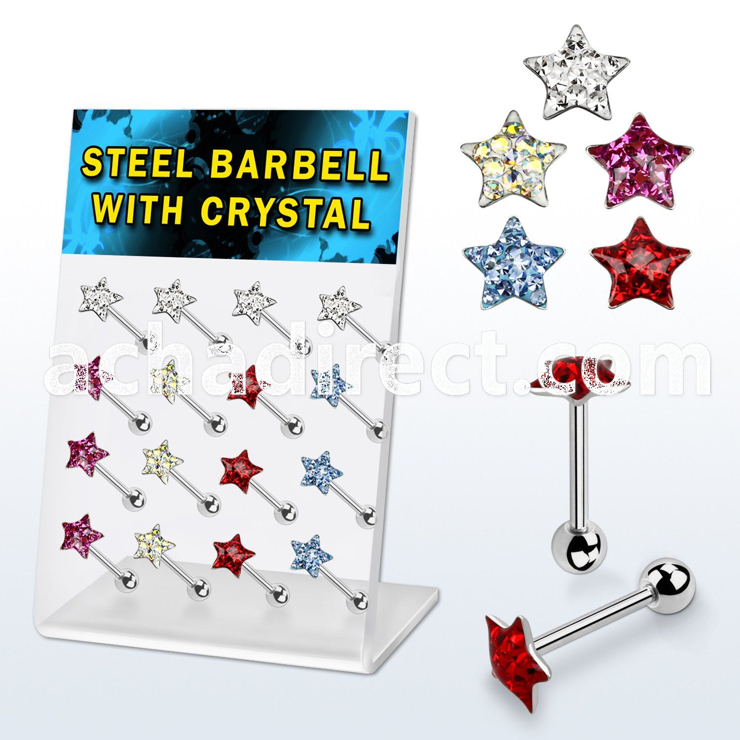 dacb34 board of 316l tongue barbell with star multi crystal top