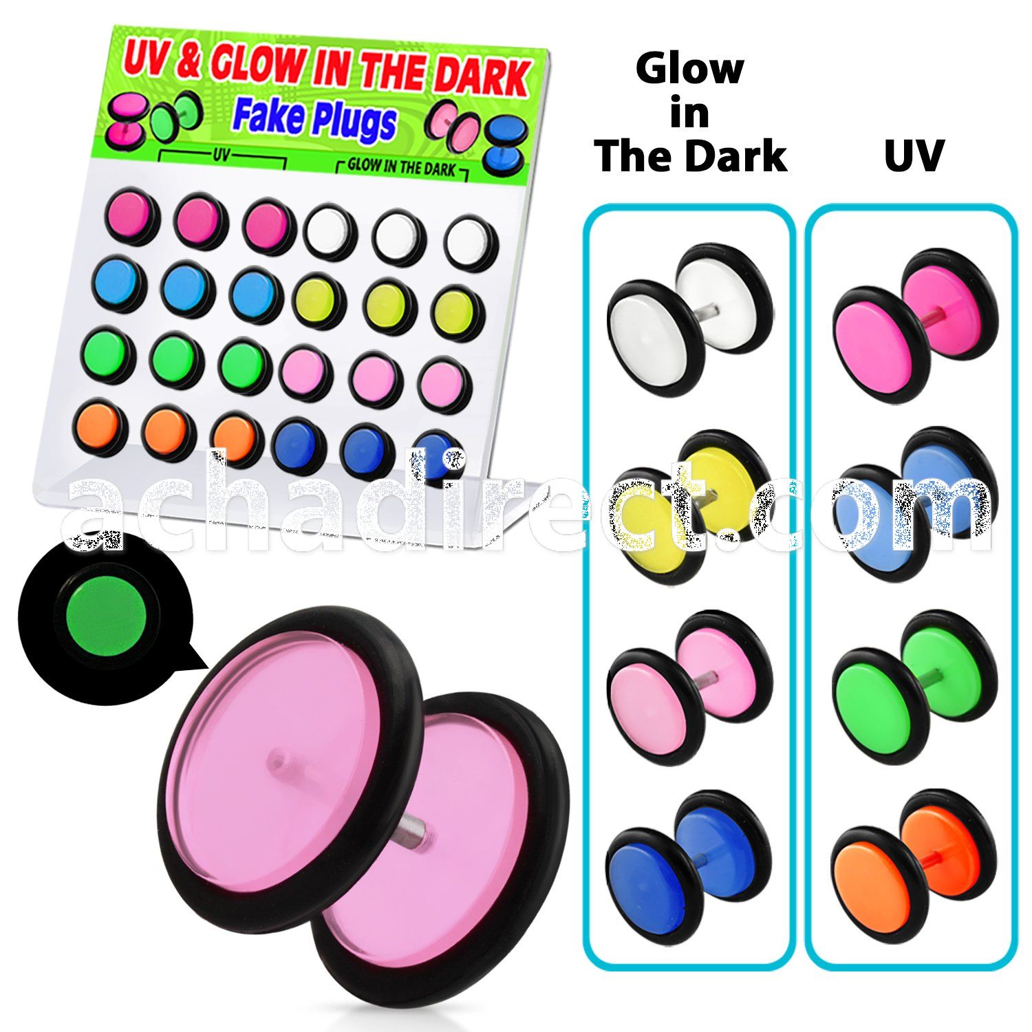 dacb42 board of glow in the dark acrylic uv fake plug w o ring