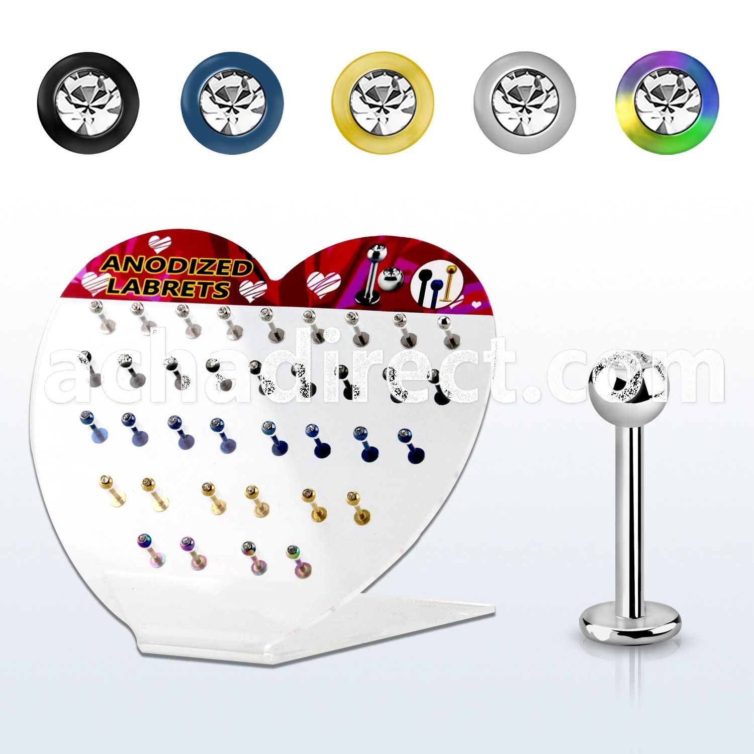 dacb67 board of anodized 316l labret w bezel jewel ball