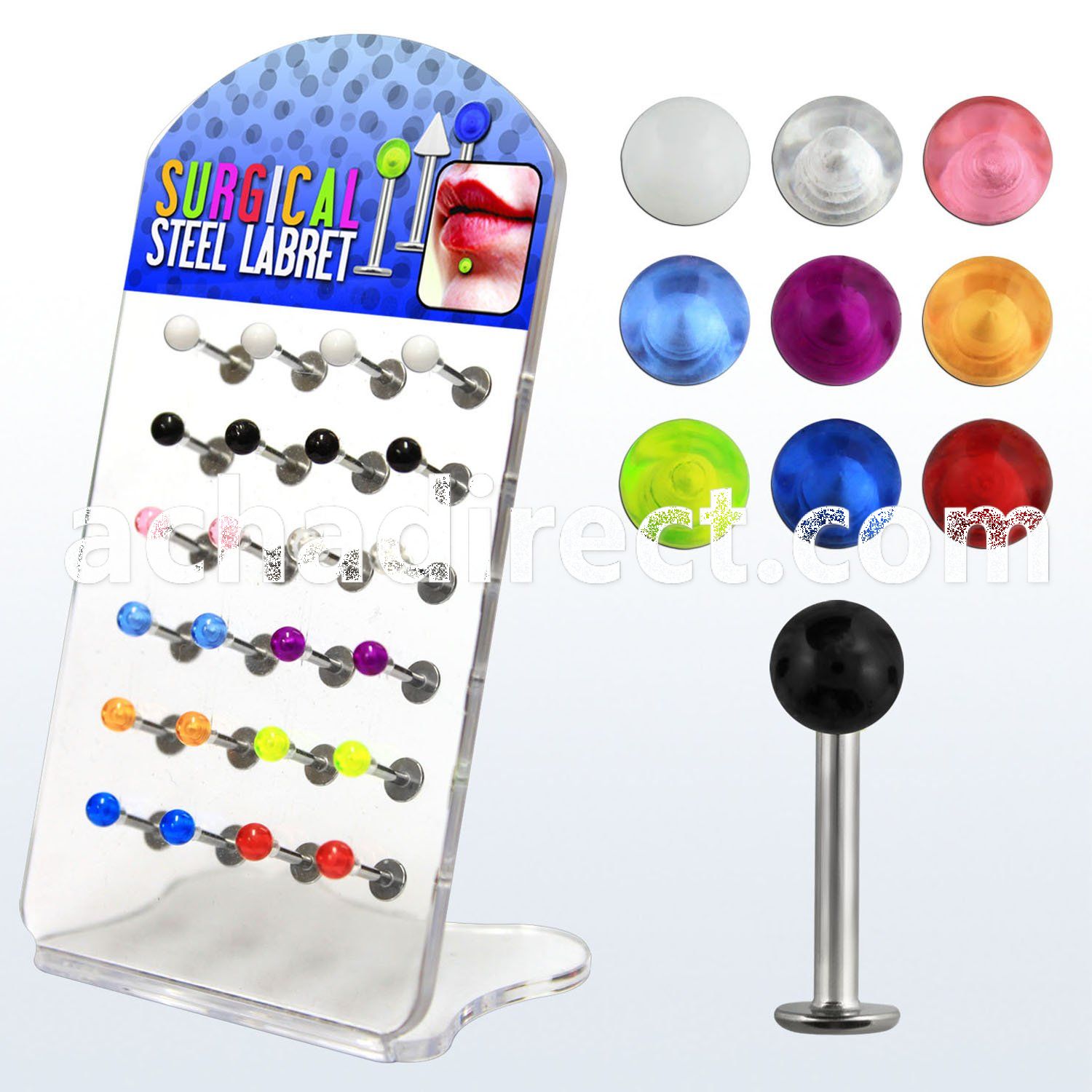dacb72 board of 316l steel labret with assorted colored uv ball