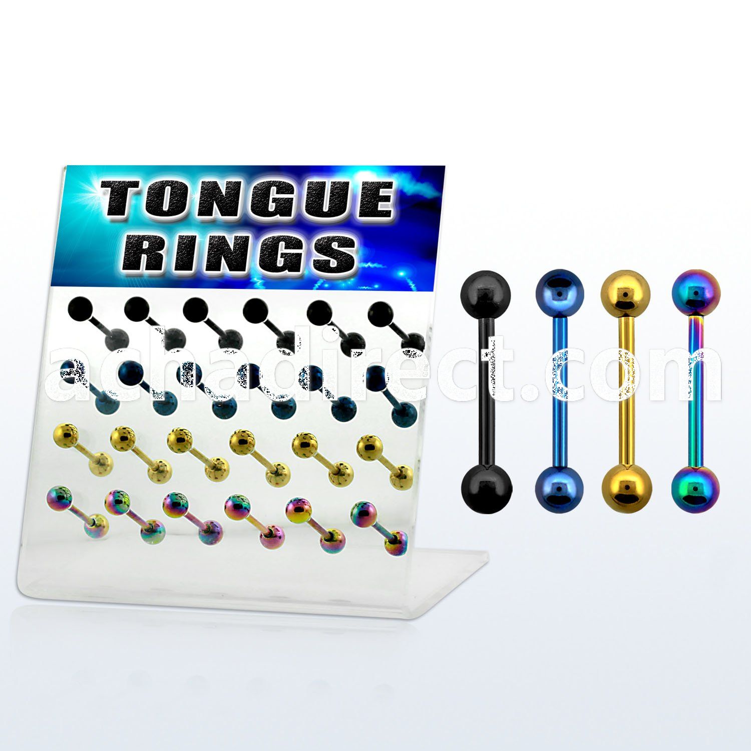 dacb7 board of anodized 316l tongue barbell with 6mm ball