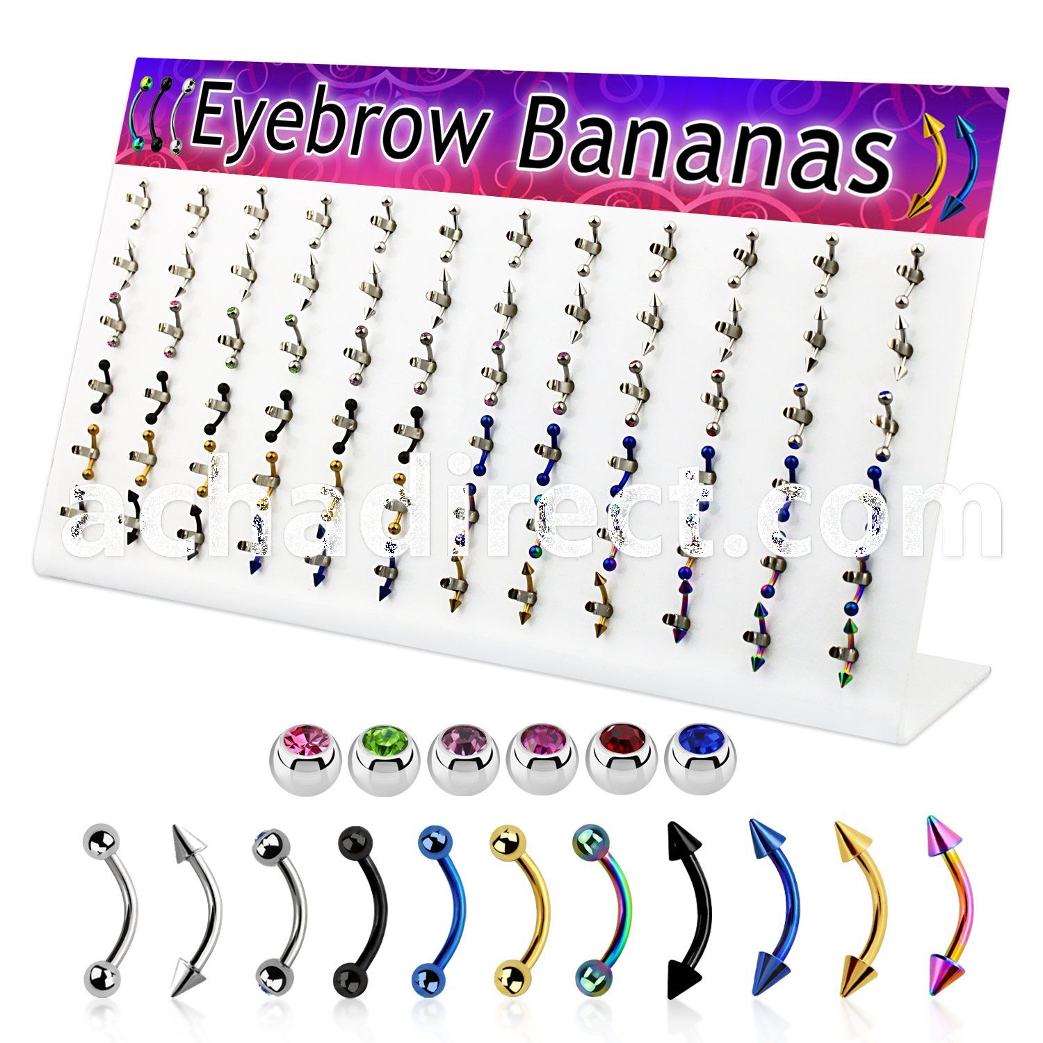 dacb93 board of 316l steel eyebrow banana w ball cone