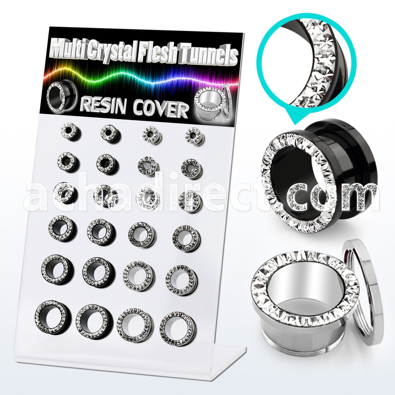 dapg171 display w 316l steel flesh tunnel w multi crystal rim