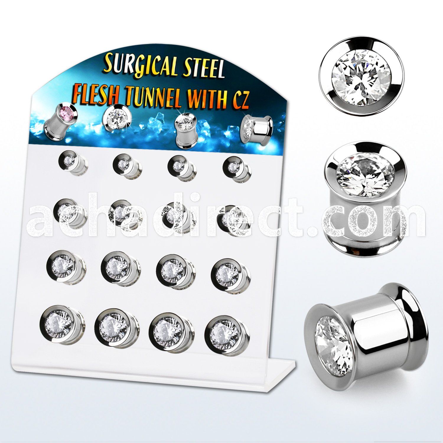 dapg180a display w 16 steel flesh tunnel with big clear cz center