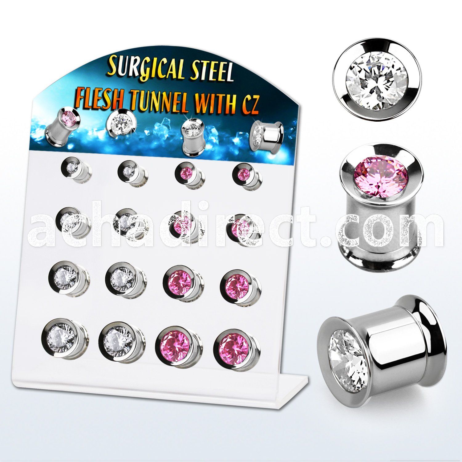 dapg180b display w 16 steel flesh tunnel with big cz stone center