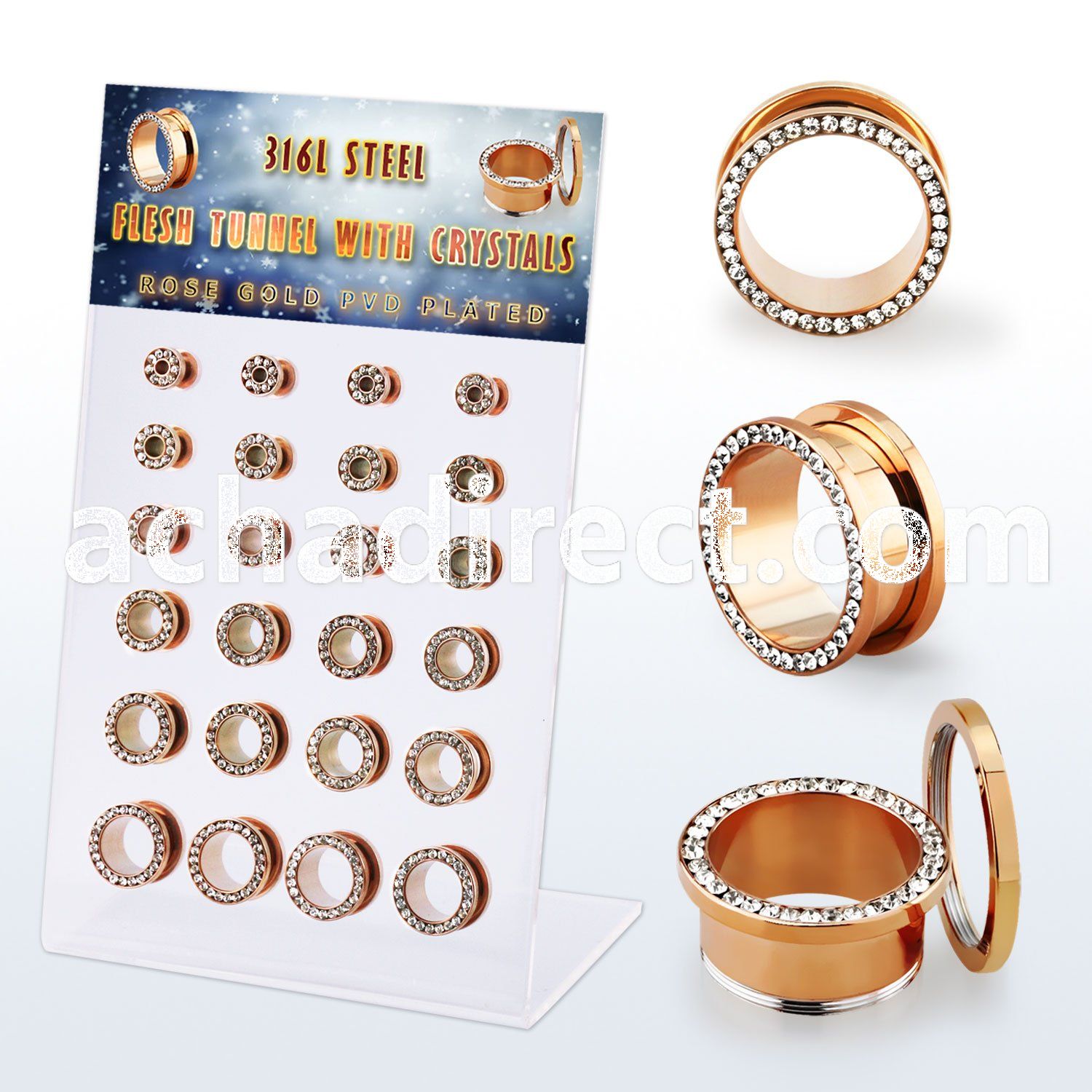 dapg188 board w rose gold steel flesh tunnel ferido crystal rim