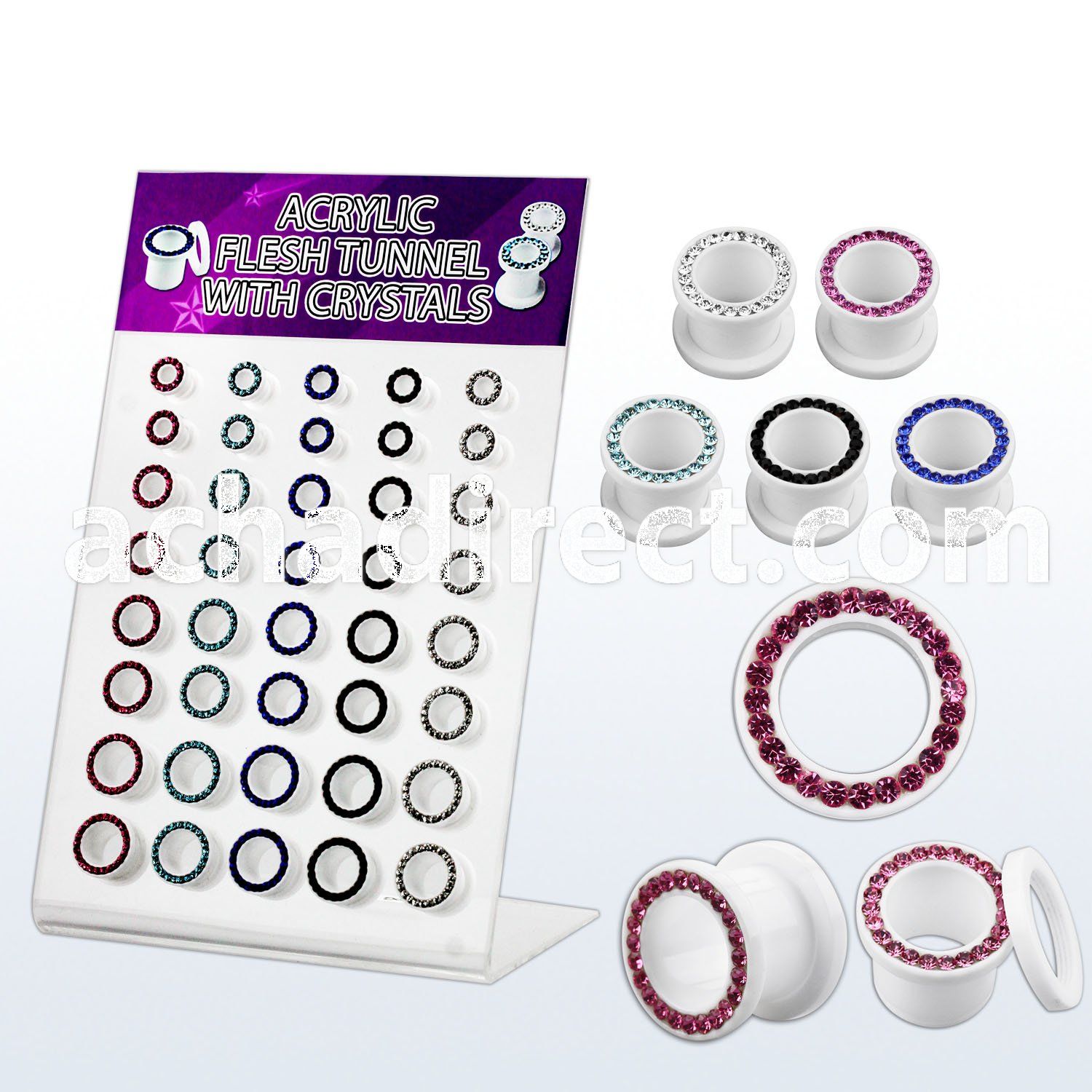 dapg34 board of white acrylic screwfit flesh tunnel crystal rim
