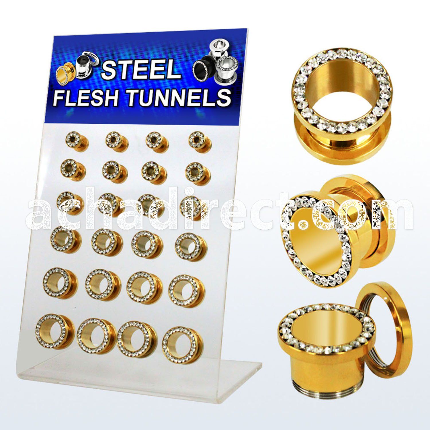 dapg56c board of gold pvd 316l steel flesh tunnel crystal rim
