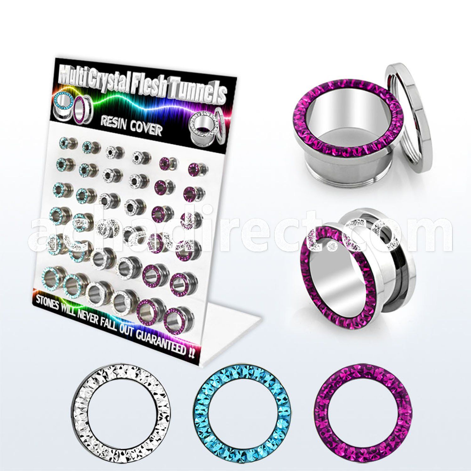 dapg63 board of 316l flesh tunnel w ferido multi crystal rim