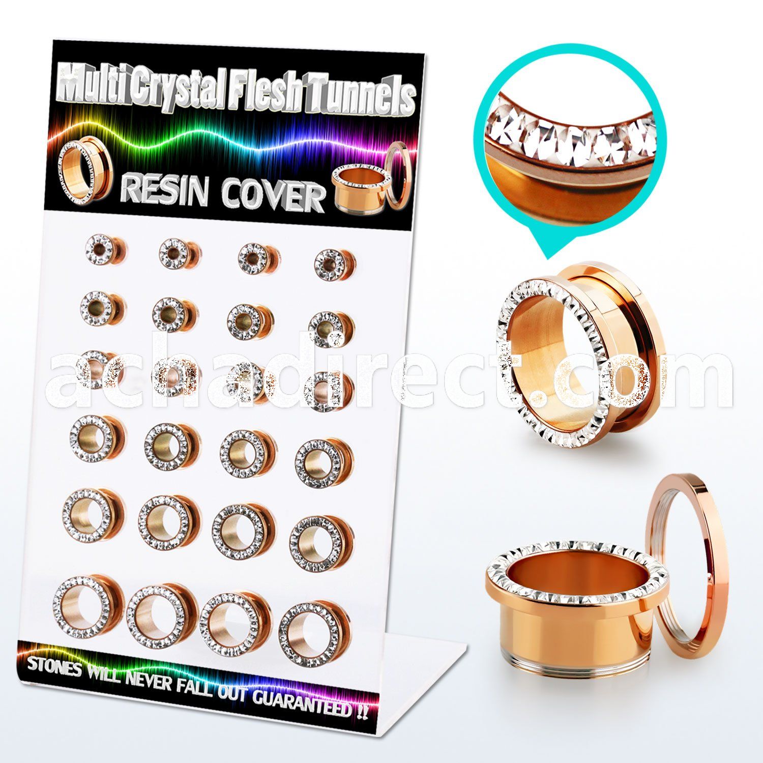 dapg74c display rose gold steel flesh tunnel ferido crystal rim