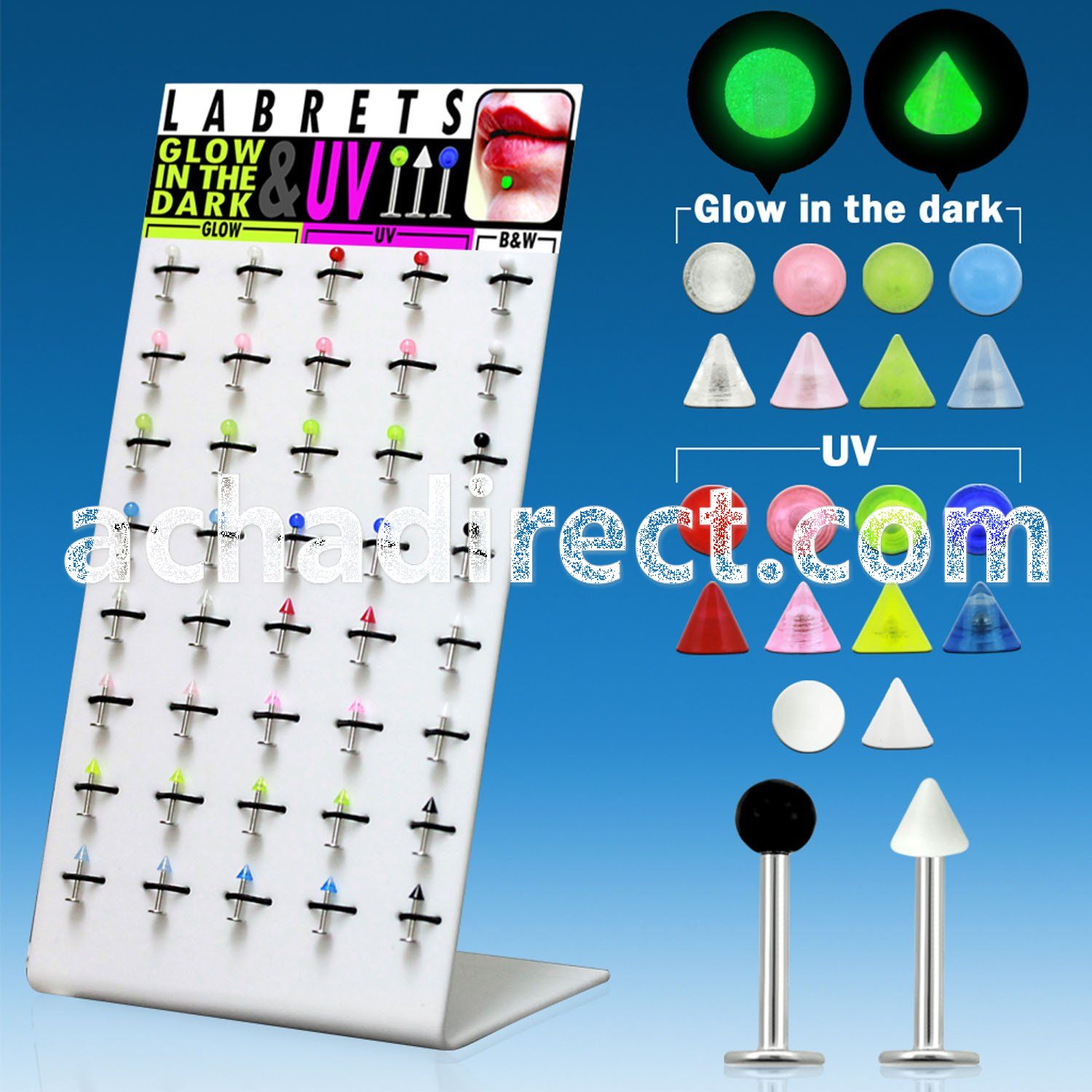 dbjmx1 316l steel labret with 3mm uv glow ball cone