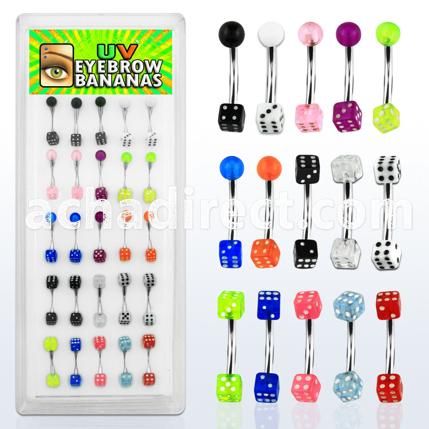 dbnedi2 316l steel eyebrow banana with acrylic uv dice