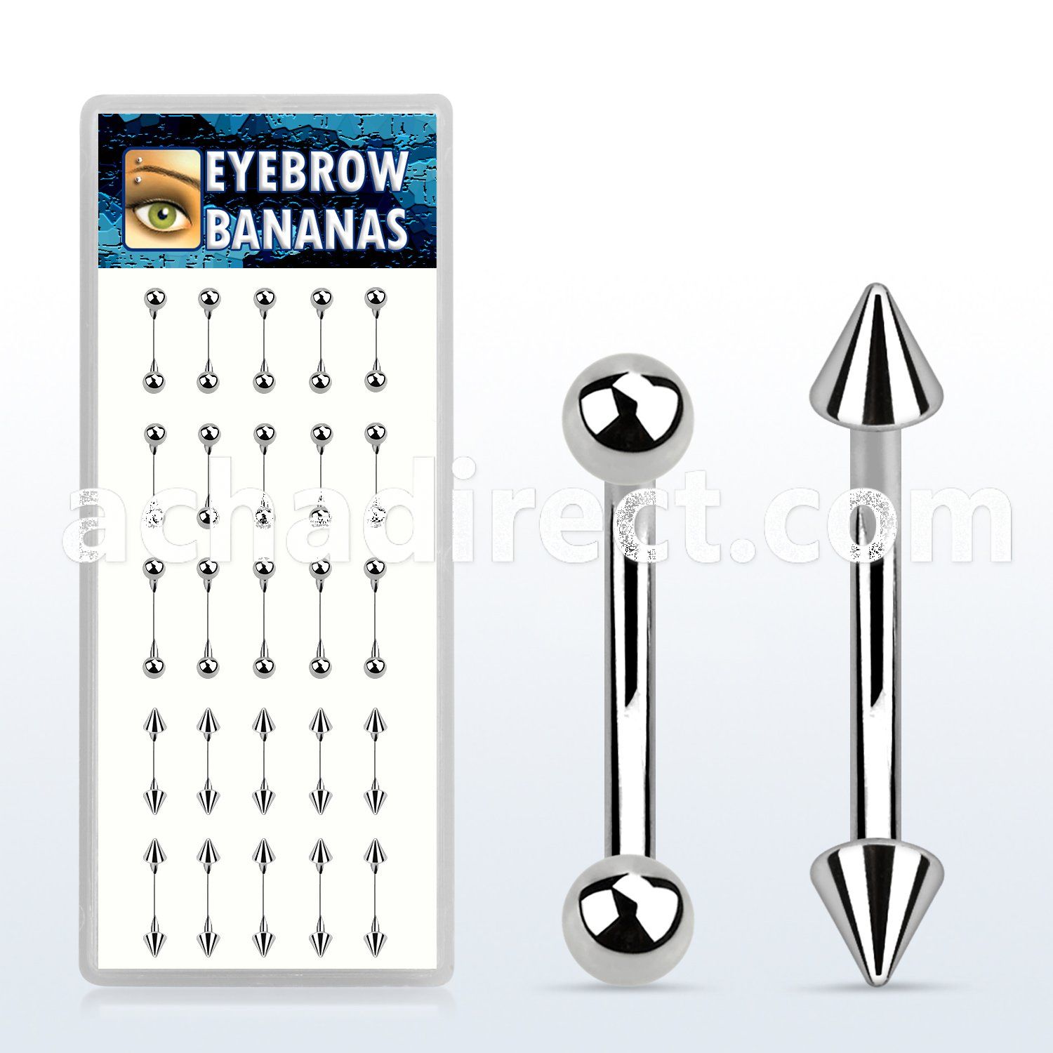 dbnem8 box of 316l steel eyebrow banana with balls or cones